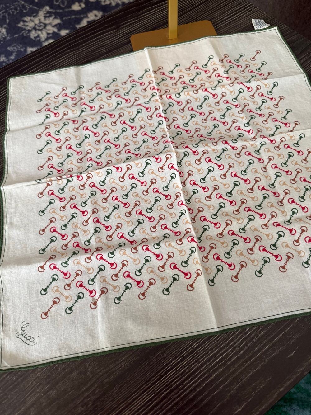 Vintage Gucci 1970’s White Cotton Scarf with Green, Red, Tan Horsebit Print